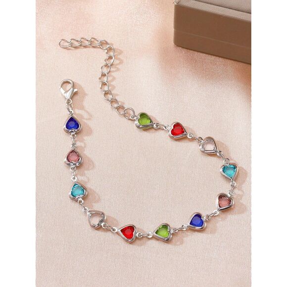 Colorful Heart Cubic Zirconia Bracelet Multi Crystal Silver Tone Adjstble Casual - Picture 5 of 6